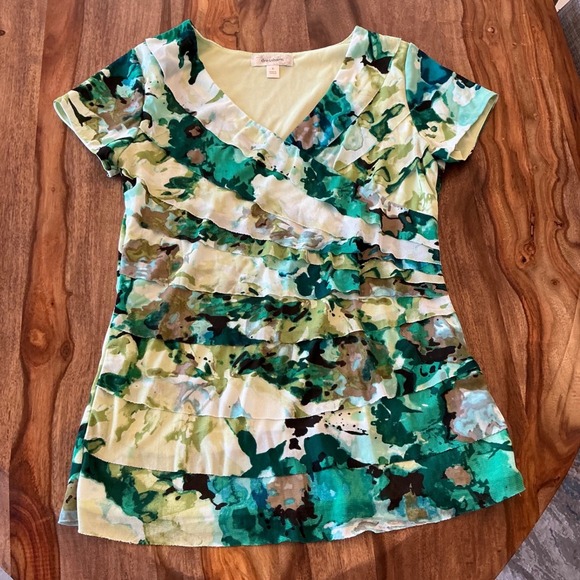 Dressbarn Womens Green Floral Tiered Ruffle V-Neck Short Sleeve Blouse Small - Picture 5 of 9